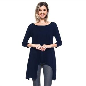Tunic Top with Asymmetrical Hemline - Navy Blue